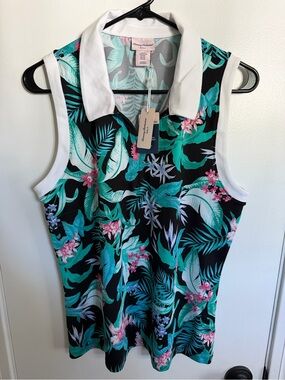 Tommy Bahama Black Tropical Print Sleeveless Polo Tank with White Collar